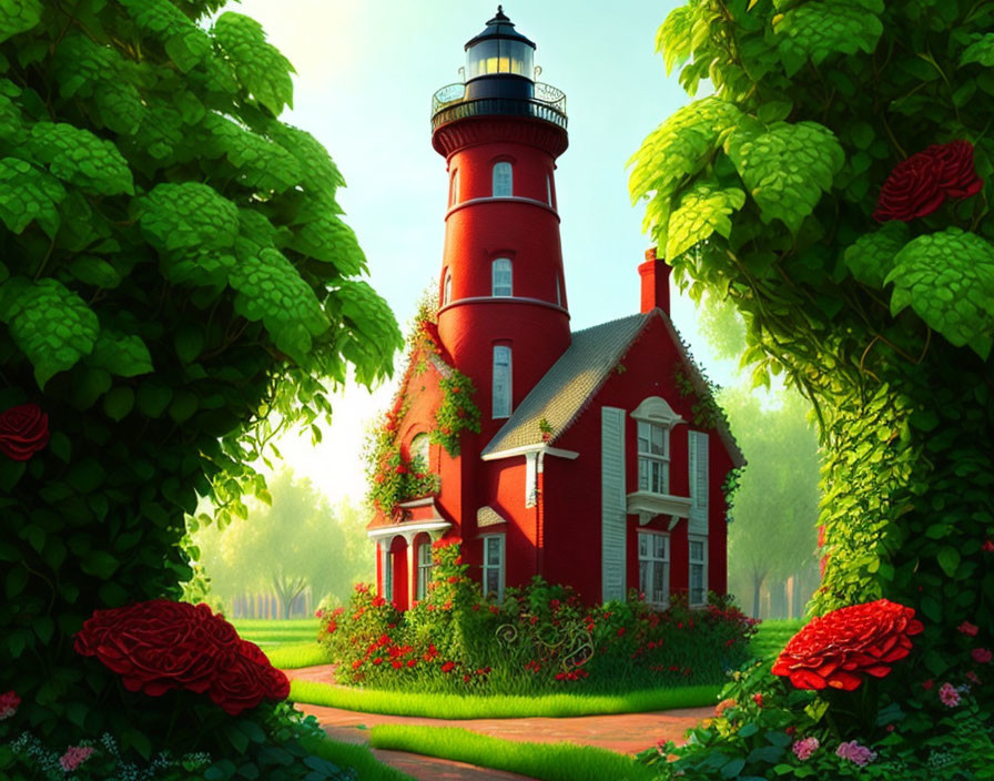 Red lighthouse with house, greenery, and roses in serene setting