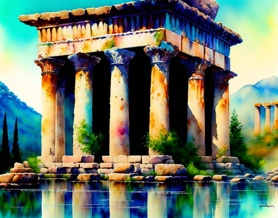 Vibrant watercolor painting of ancient Greek ruins with Corinthian columns, lush greenery, and