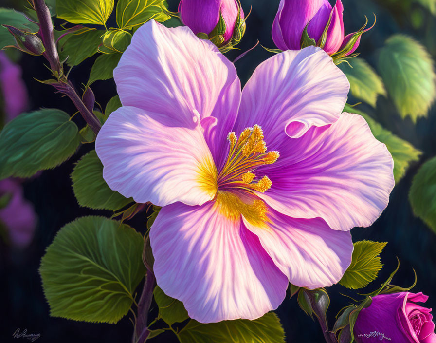 Close-up of vibrant pink hibiscus flower with yellow stamens and green foliage