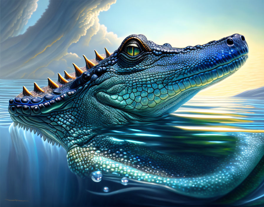 Detailed blue alligator emerging from water with sharp spines, against dramatic sky