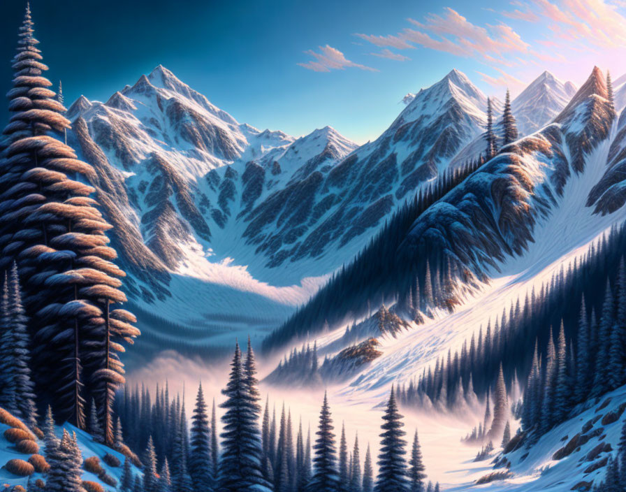 Sunrise illuminating snow-covered mountain peaks and dense coniferous forests.