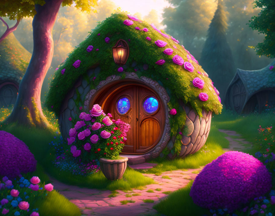 Enchanting cottage with grassy roof and pink flowers in magical forest glade