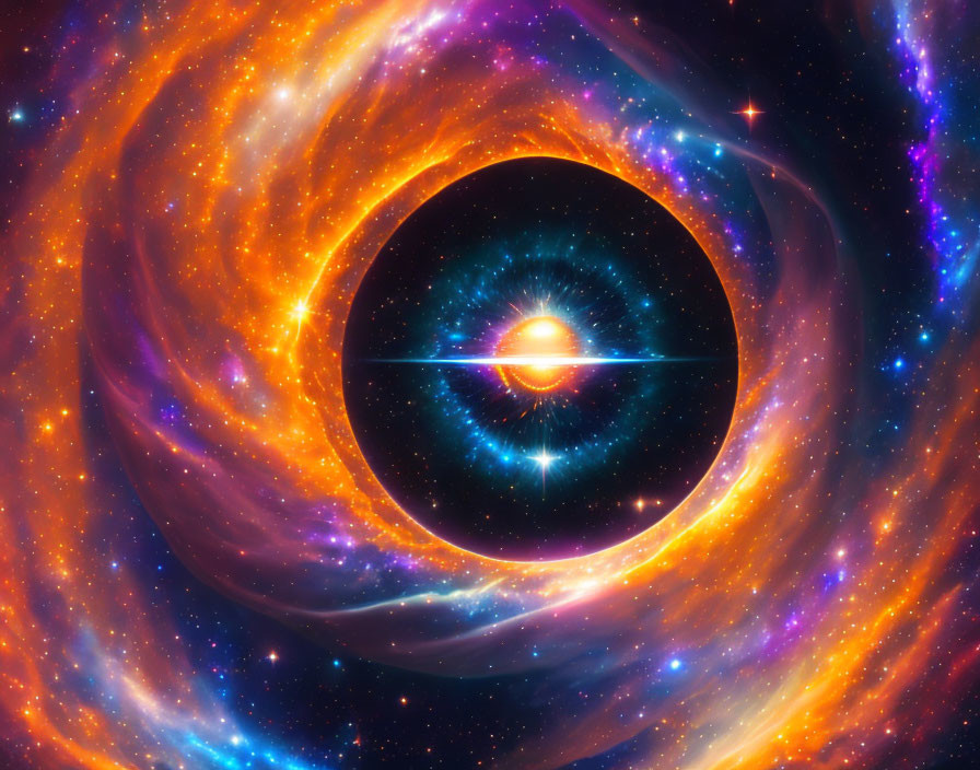 Cosmic-themed digital art: Black hole with colorful swirls and starfield