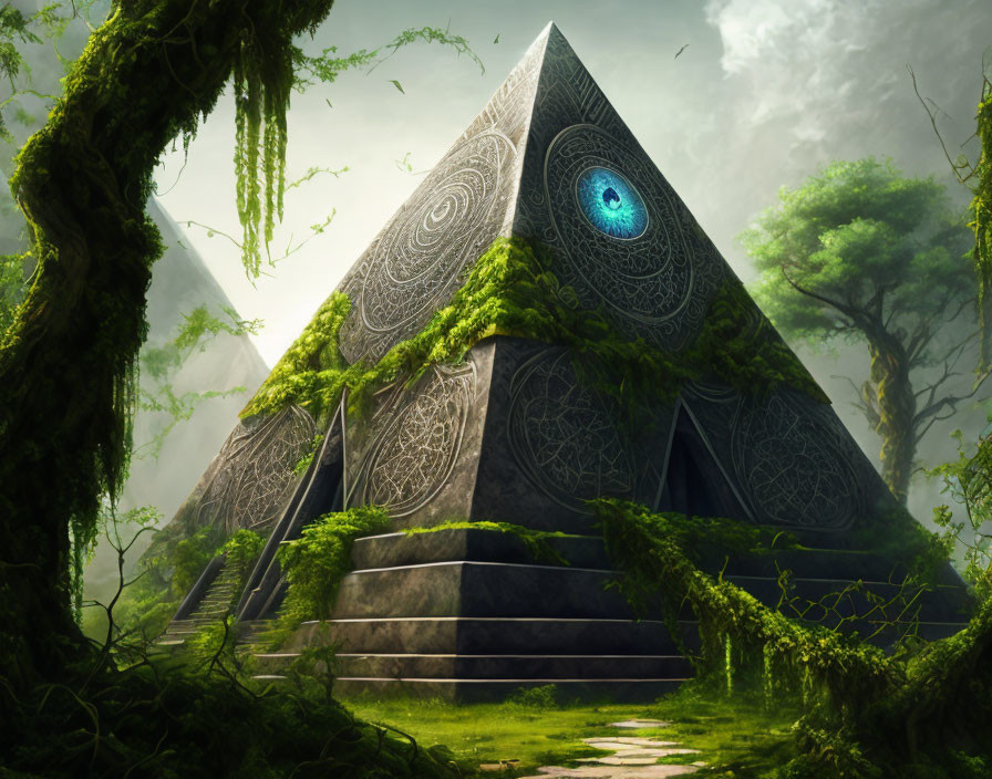 Mystical ancient pyramid with blue eye in forest clearing