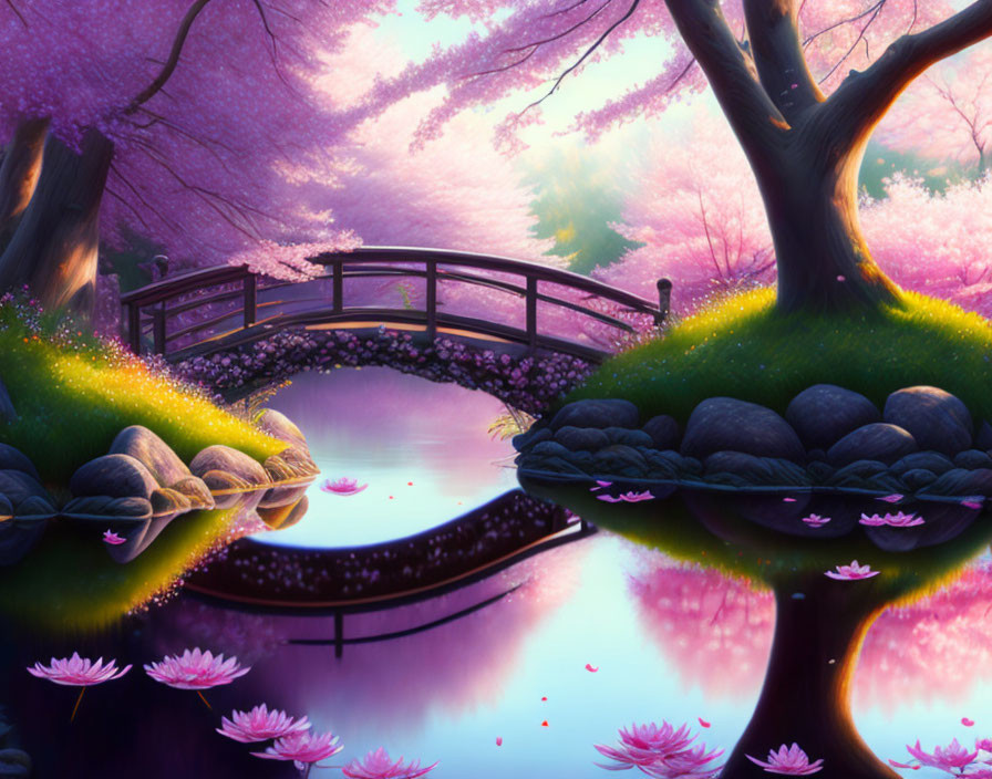 Tranquil Cherry Blossom Landscape with Wooden Bridge and Fireflies