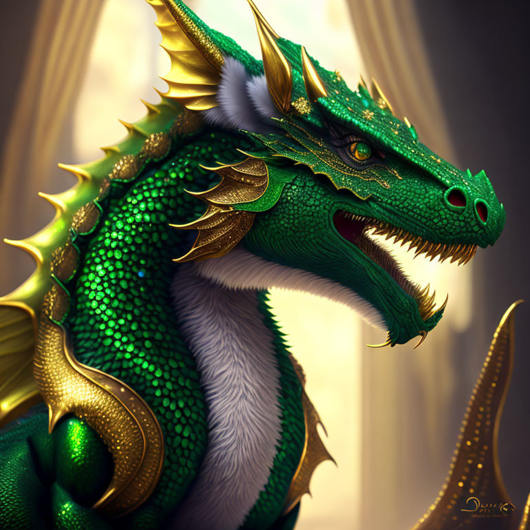 Detailed Green Dragon Illustration with Golden Horns and Armor-like Scales