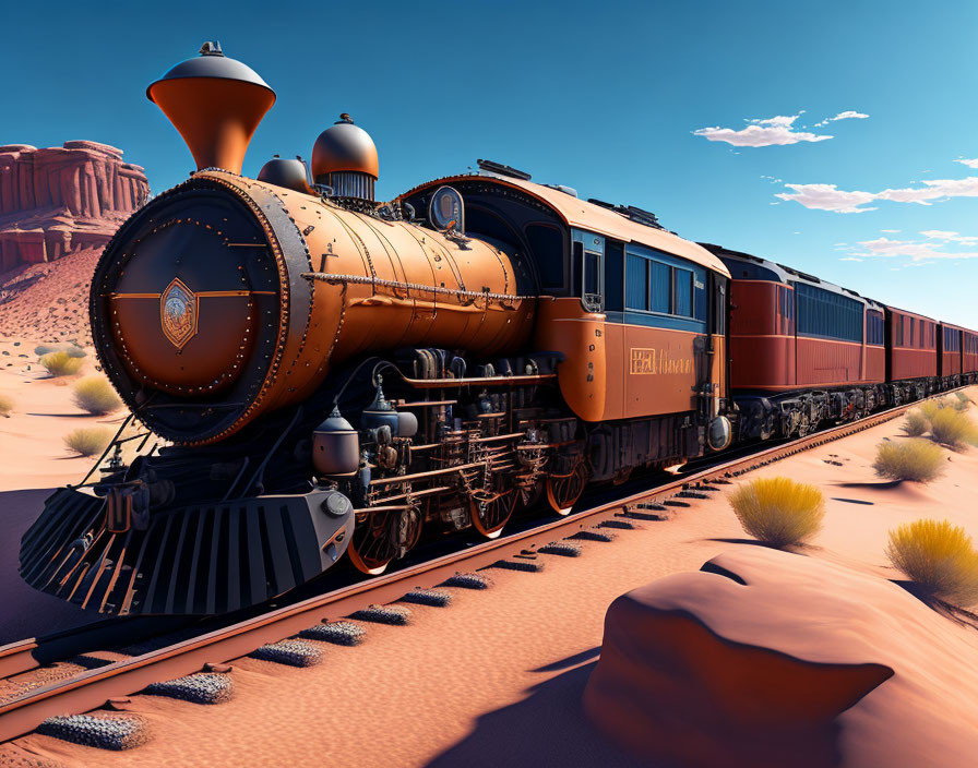 Vintage Orange Steam Locomotive in Desert Landscape