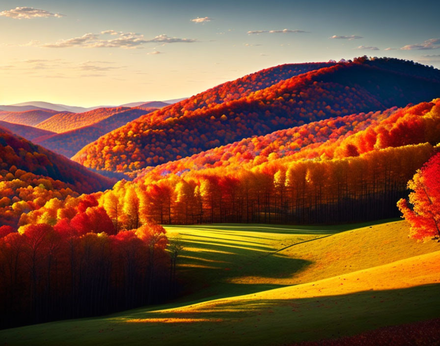 Colorful Autumn Landscape with Rolling Hills and Fiery Foliage