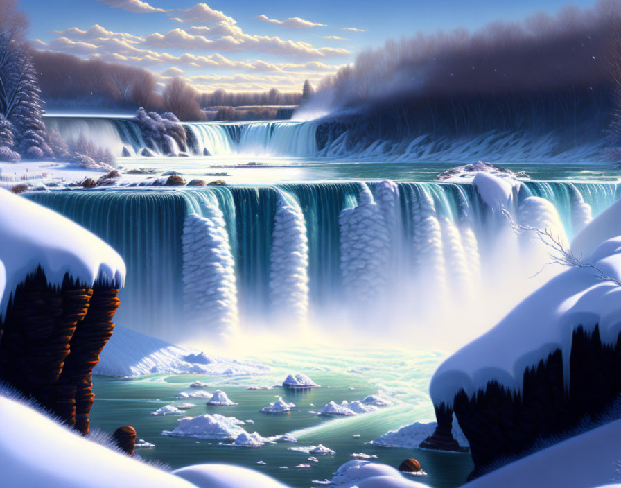 Snowy waterfall landscape with icicles and icy river