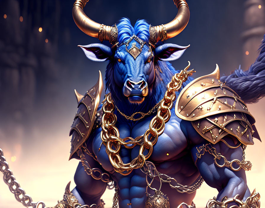 Blue Minotaur in Golden Armor with Chains: A Formidable Presence