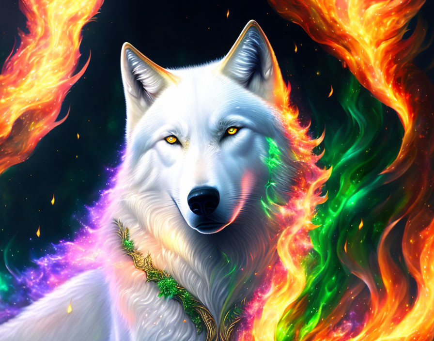 Mystical white wolf with yellow eyes in cosmic flames