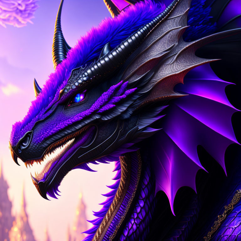 Purple Dragon with Glowing Blue Eyes and Castle Sunset Backdrop