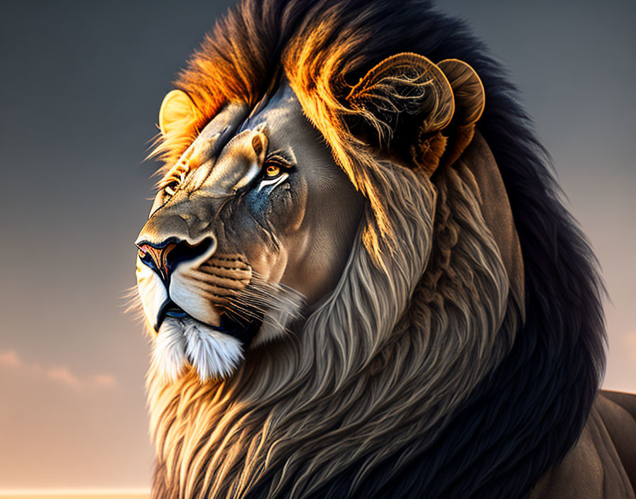 Majestic lion with full mane against golden sky, gazing sideways