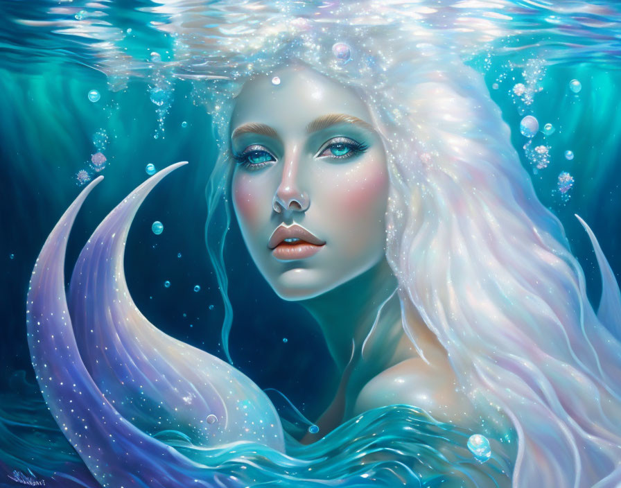 Mystical mermaid with flowing hair and sparkling scales in underwater scene