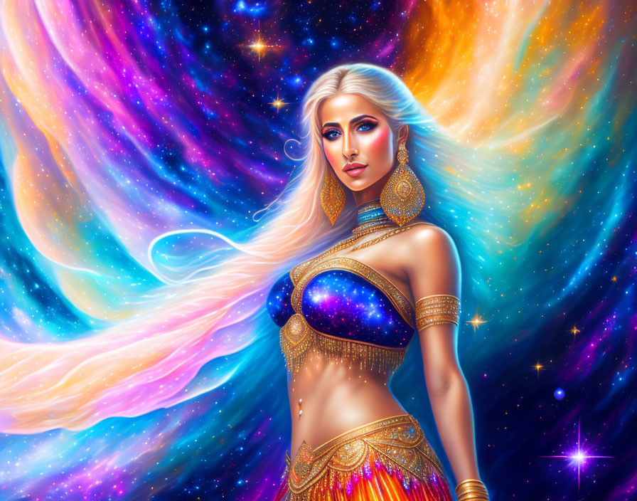 Fantasy illustration: Woman with galaxy-themed skin and cosmic backdrop