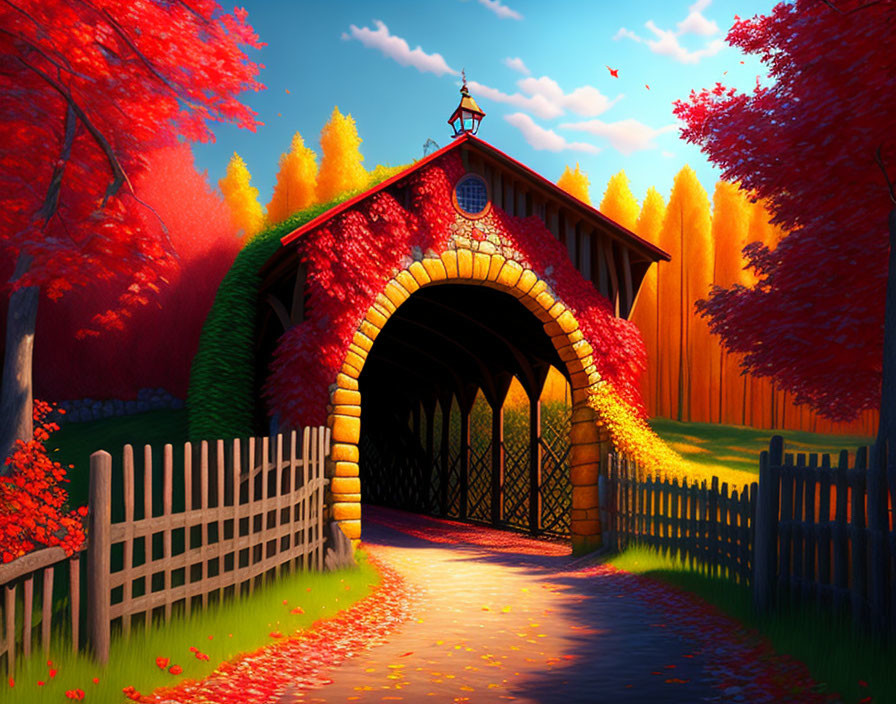 Colorful Autumn Landscape with Covered Bridge and Fall Foliage