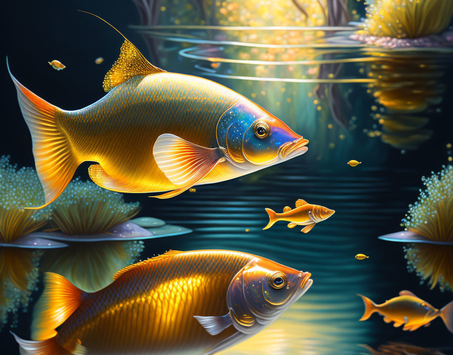 Golden fish swimming among underwater flora with reflections and light rays.