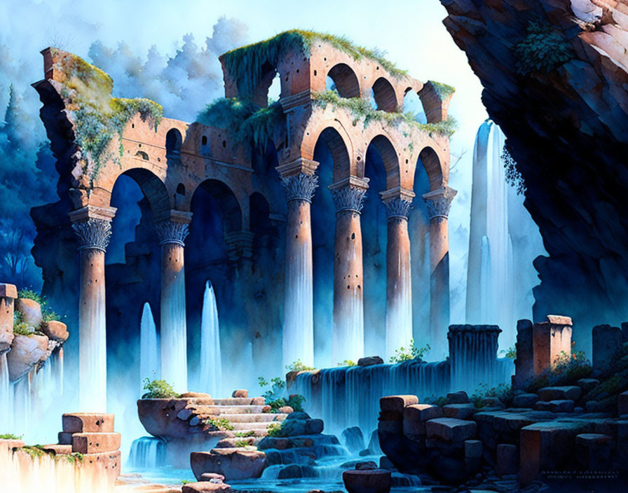 Ancient ruins with columns and arches in a serene mythical landscape