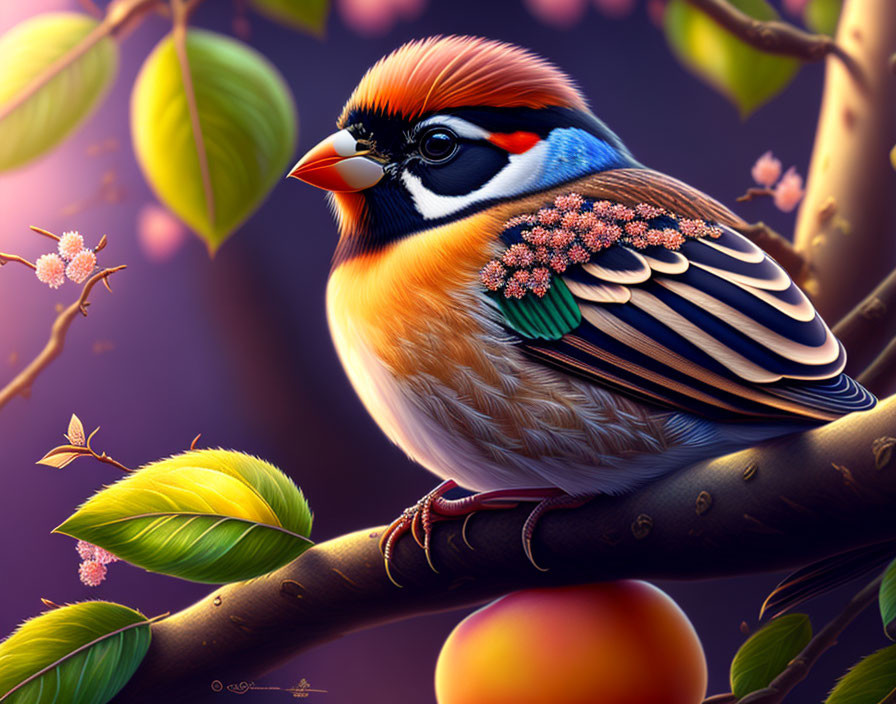 Vibrant bird illustration with intricate feather patterns on branch among leaves.