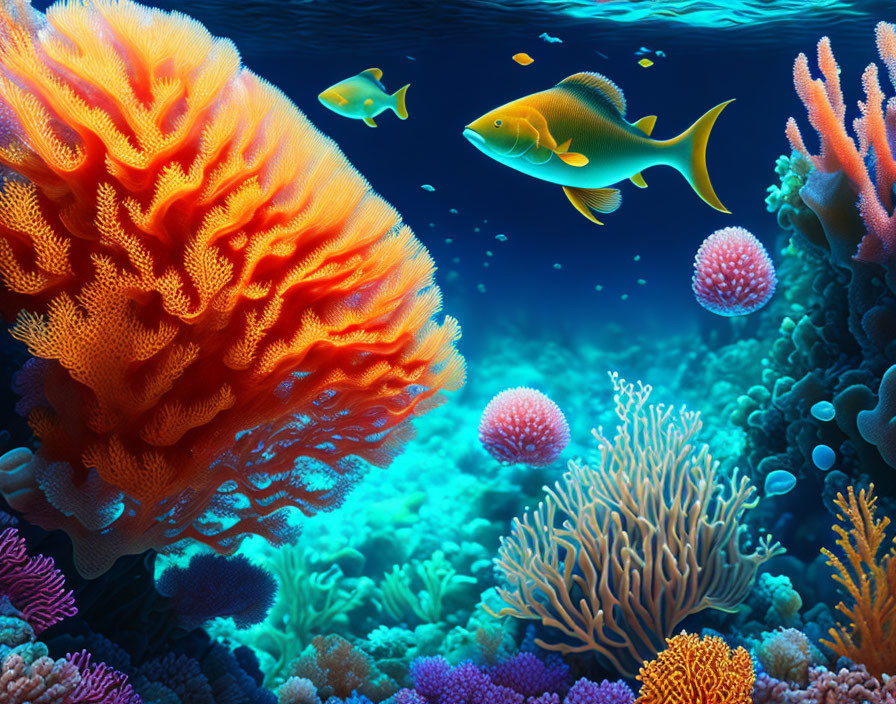 Colorful coral reefs and marine life in deep blue ocean with golden fish