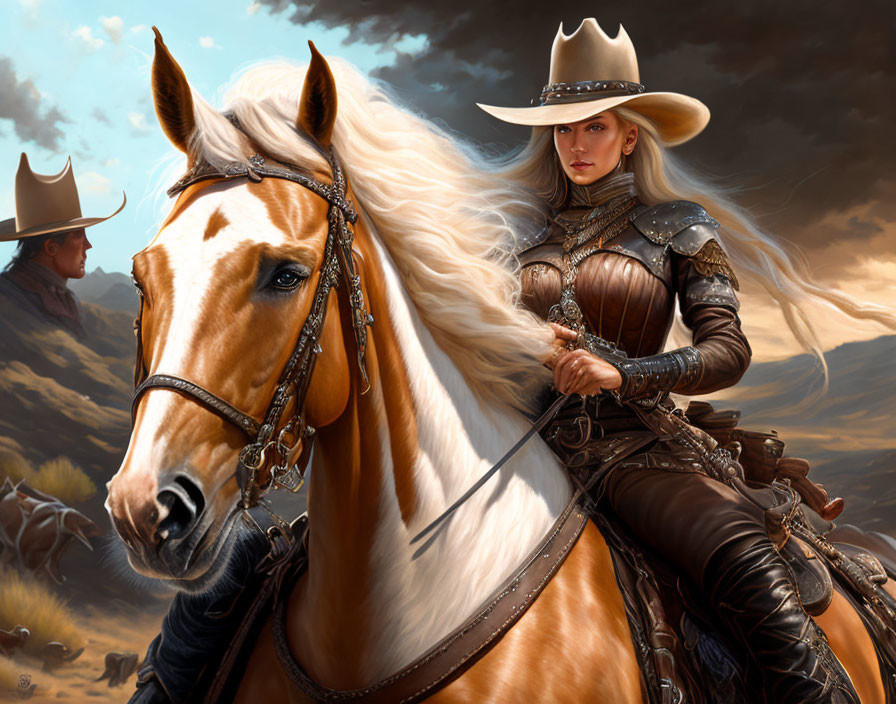 Two riders in Western-style armor on palomino horse under dramatic sky