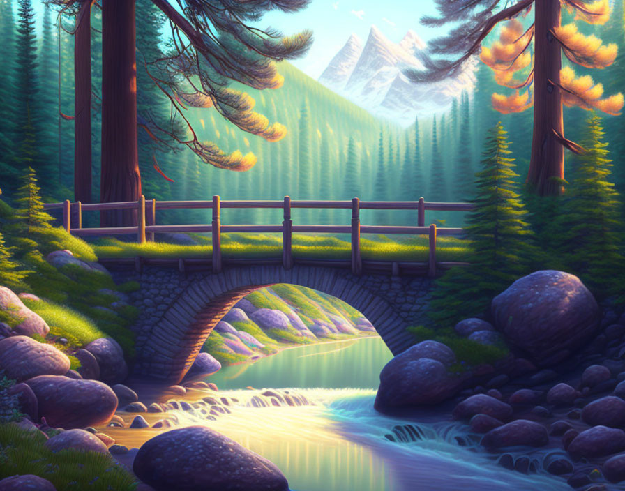 Tranquil animated landscape with stone bridge, lush forests, and snow-capped mountains