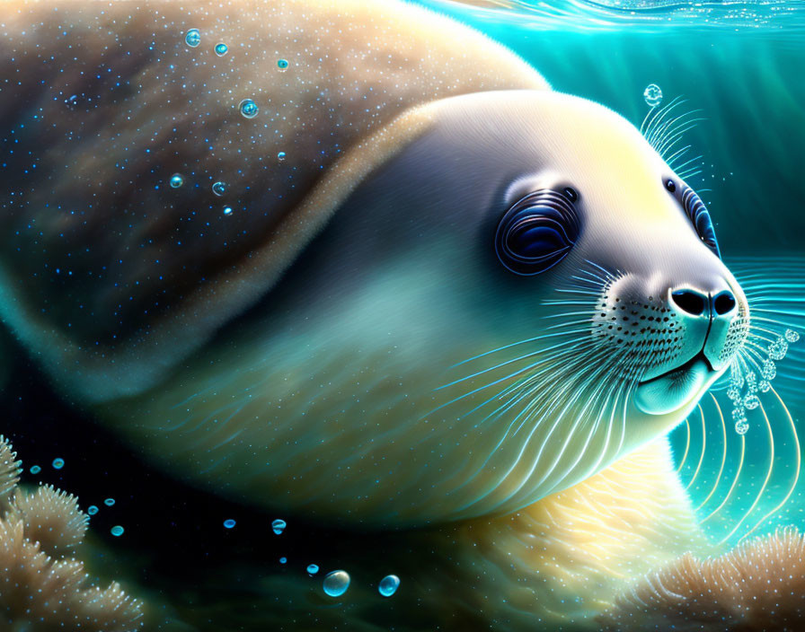 Underwater Seal Illustration with Bubbles and Sunlight Gleam