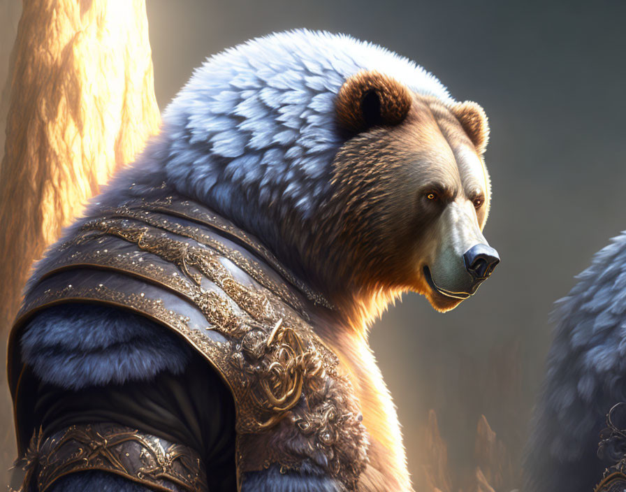 Detailed digital illustration of a brown fur anthropomorphic bear in ornate armor, illuminated by soft backlight.