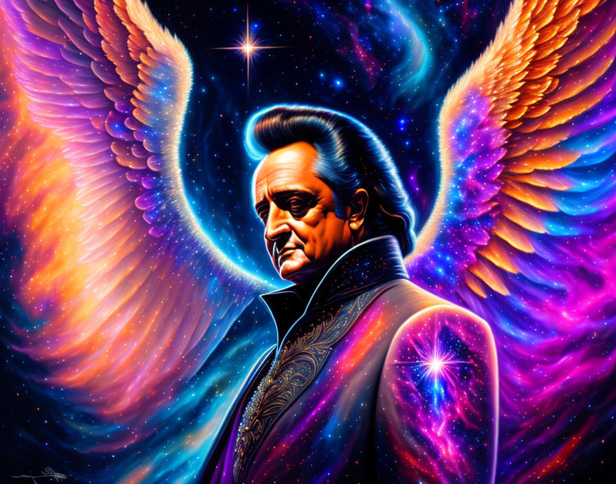 Man with solemn expression and cosmic angel wings in vibrant artwork.