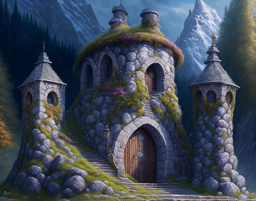 Stone castle with turrets and wood door nestled in mountains and lush forests