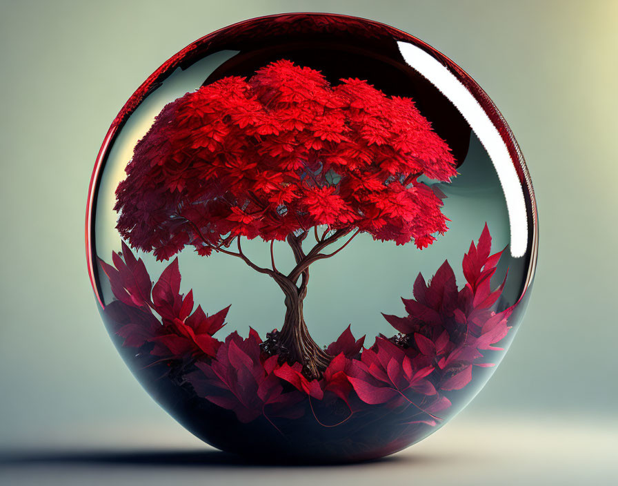 Vibrant red tree in transparent sphere on greenish backdrop