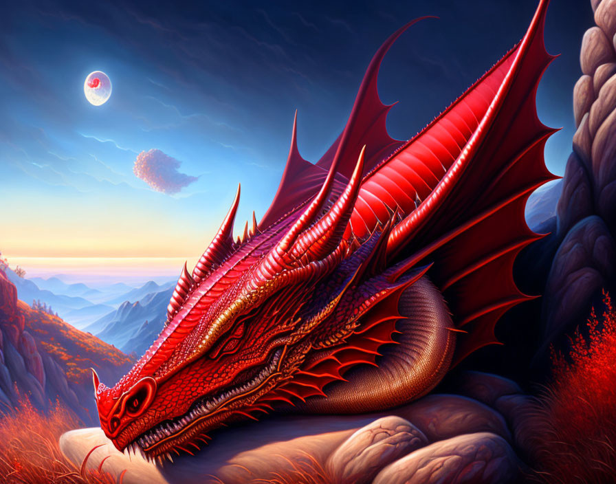 Red Dragon Resting on Rocky Terrain Under Full Moon