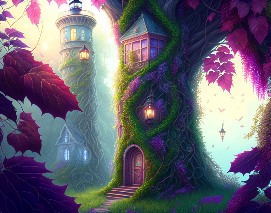 Lighthouse and treehouse artwork with ivy and flowers in enchanted forest