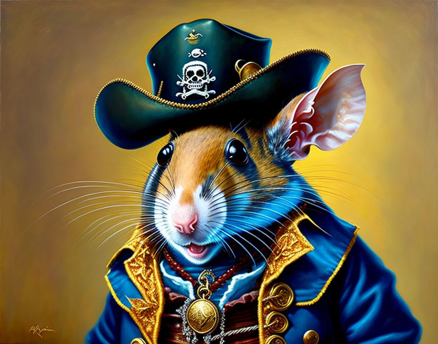 Whimsical painting of a mouse in pirate captain attire