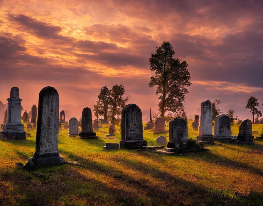 Tranquil sunset over old graveyard with tombstones and lone tree