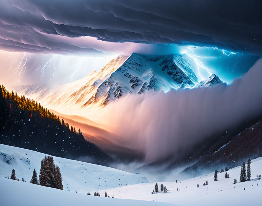 Snowy mountain landscape with stormy sky and lightning.