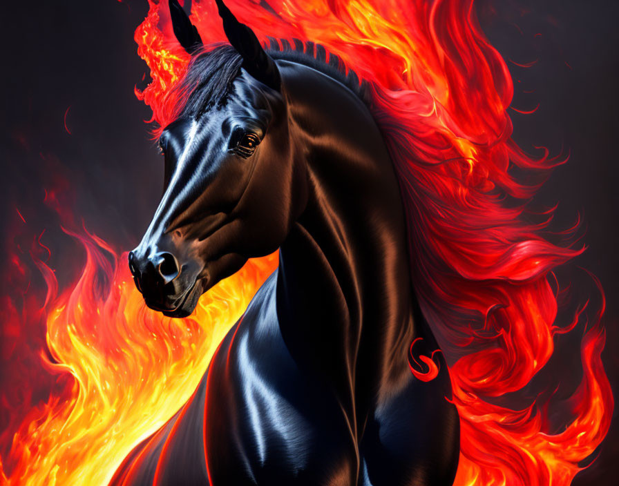 Majestic black horse with fiery mane and glowing eyes on dark background