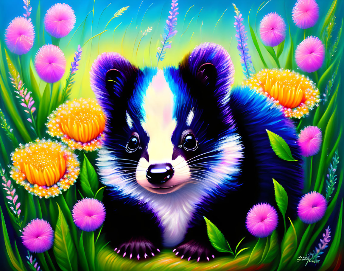 Colorful Cartoon Skunk Surrounded by Flowers and Greenery