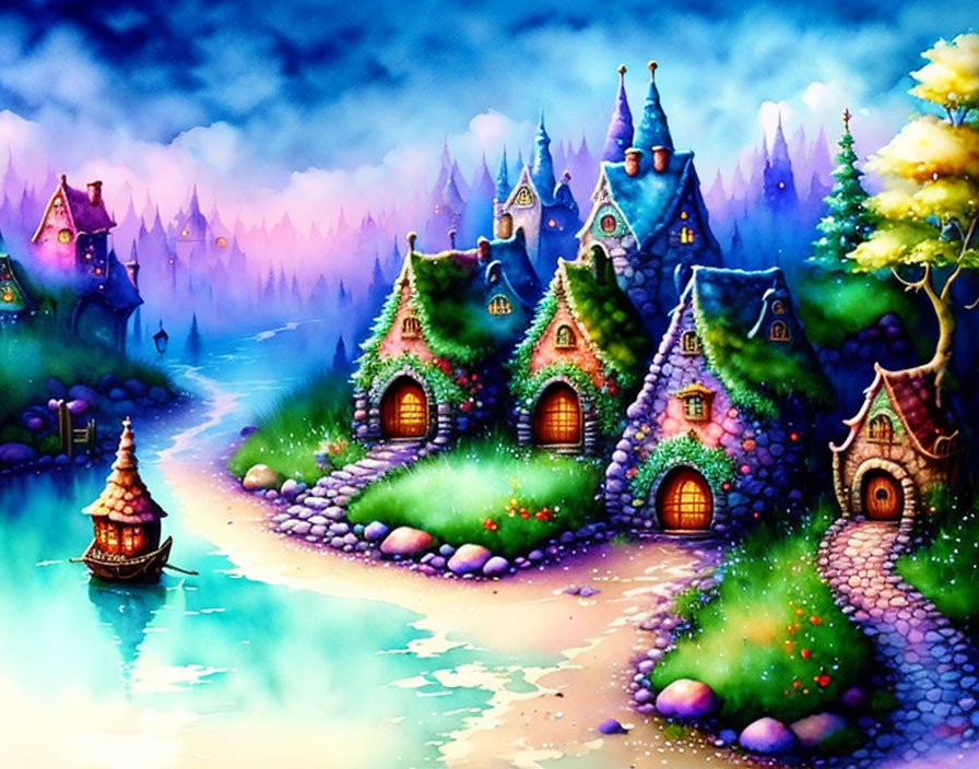 Whimsical fairy-tale village illustration with cottages, river, boat