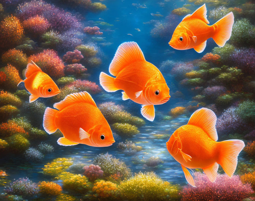 Colorful goldfish swimming in vibrant coral reefs underwater