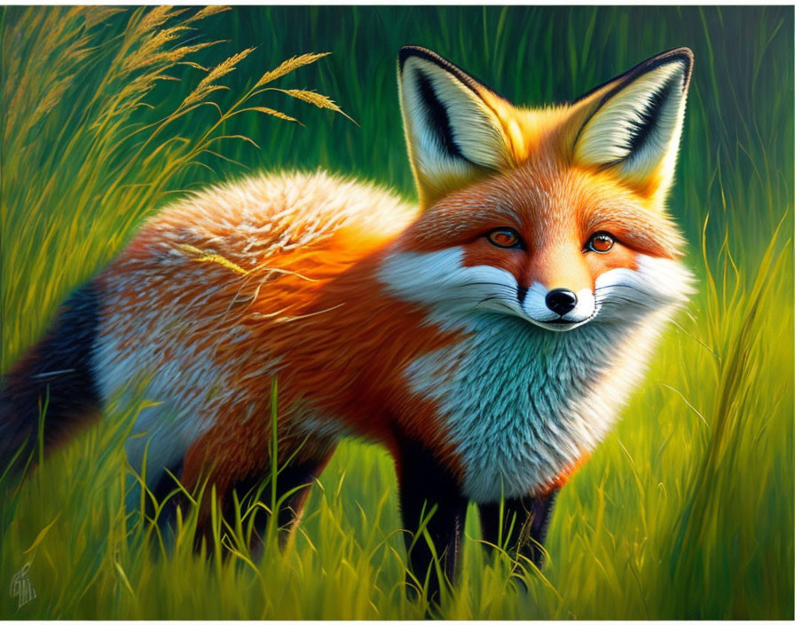 Detailed Illustration of Red Fox in Green Grass