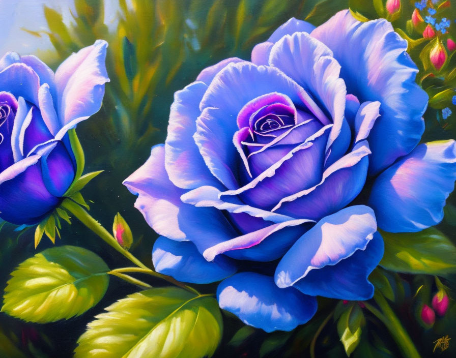 Detailed Blue Rose Painting with Purple Accents and Green Background