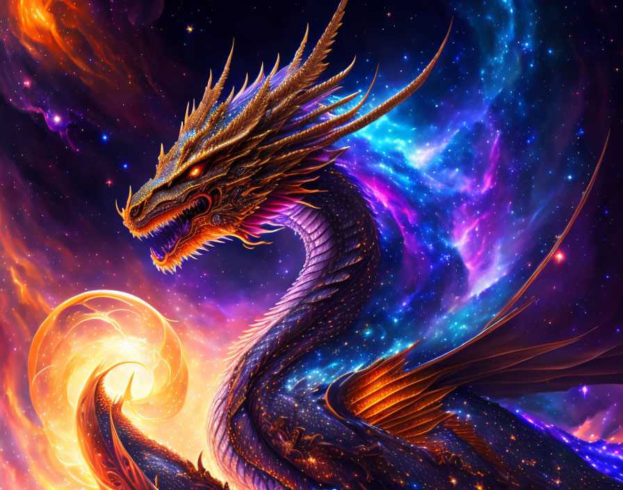 Golden-horned dragon flying through cosmic sky with nebulae.