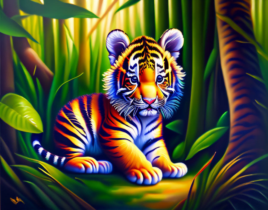 Young tiger cub digital painting with blue eyes in lush jungle.