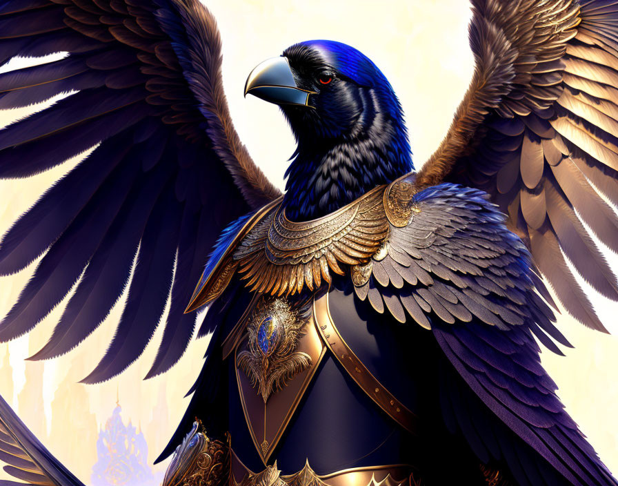 Majestic raven in ornate armor on golden background