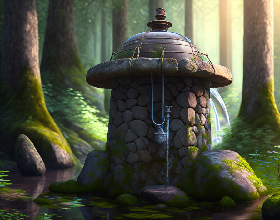 Whimsical stone well with transparent dome in serene forest