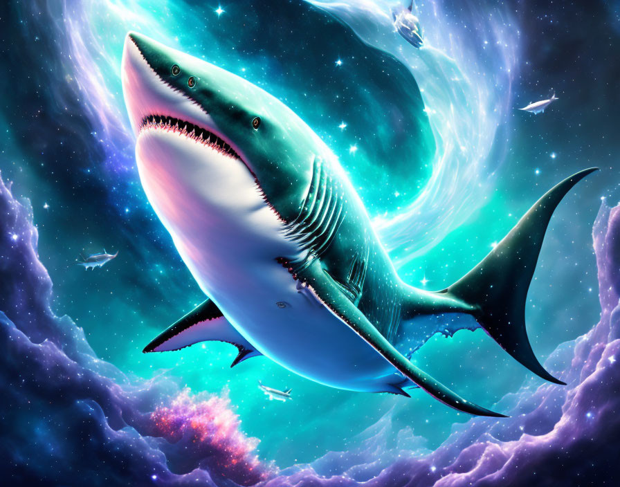 Majestic shark in cosmic ocean with galaxies and stars