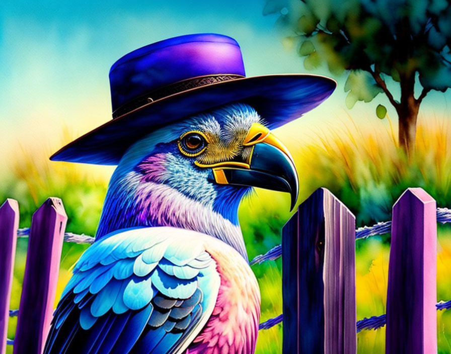 Vibrant bird with hat on fence in colorful landscape