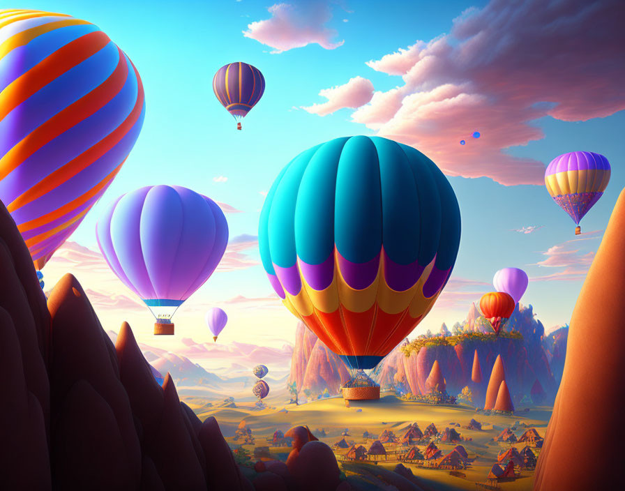 Vibrant hot air balloons over rocky landscape at sunset