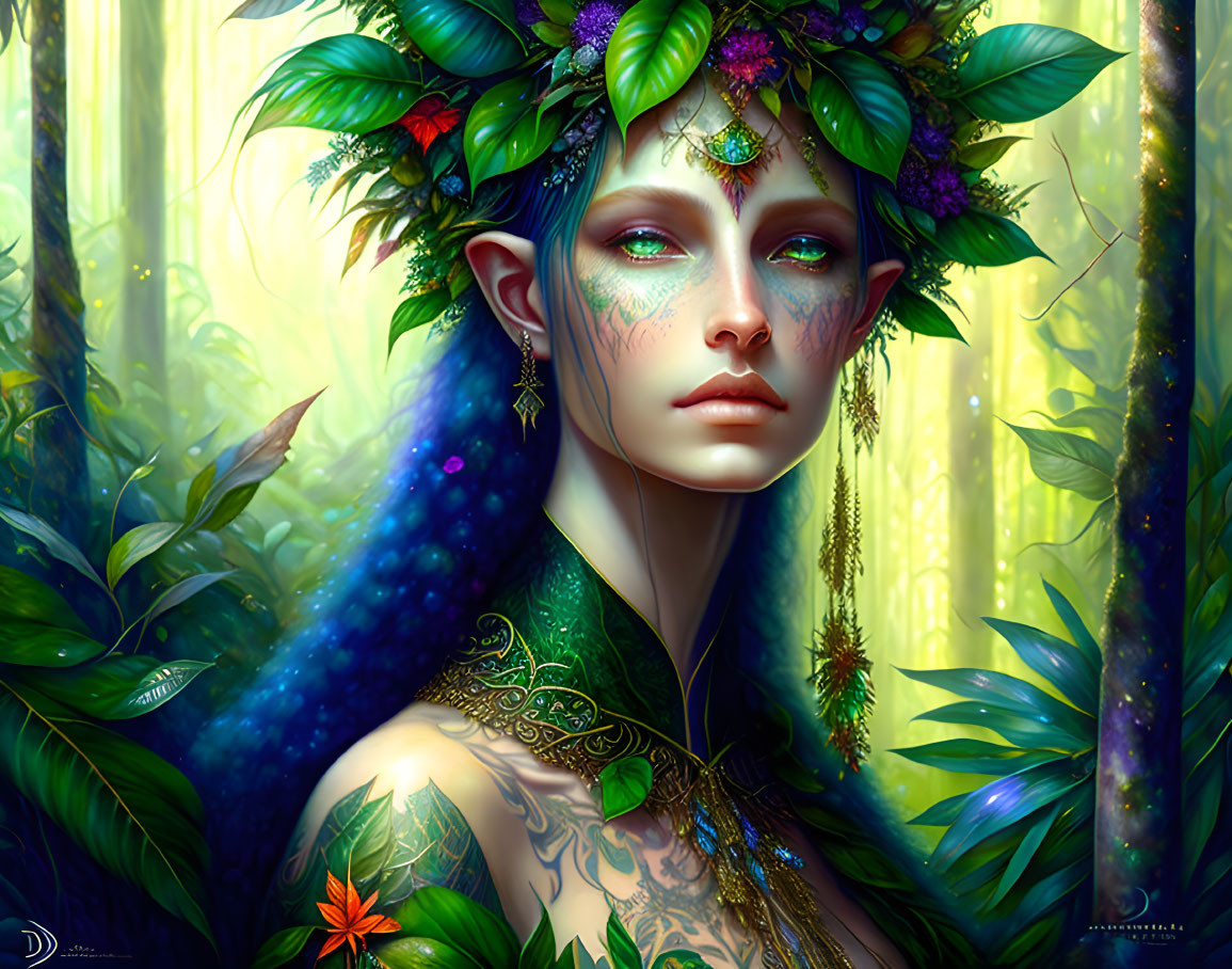 Female elf portrait with green and blue tones, pointed ears, leaf wreath, and forest backdrop